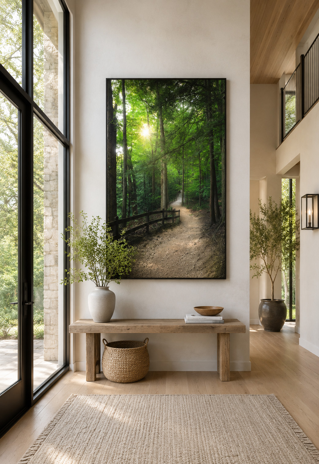Large framed Cuyahoga Valley National Park forest trail photograph in a bright modern entryway